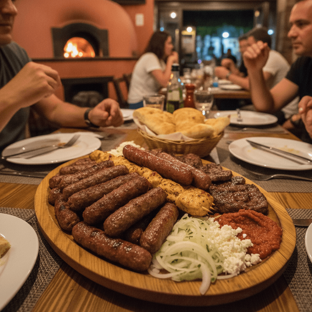 Grosser Grillteller Kullat e Junikut mit Qofte, Suxhuk, Fleisch, Ajvar und Fladenbrot