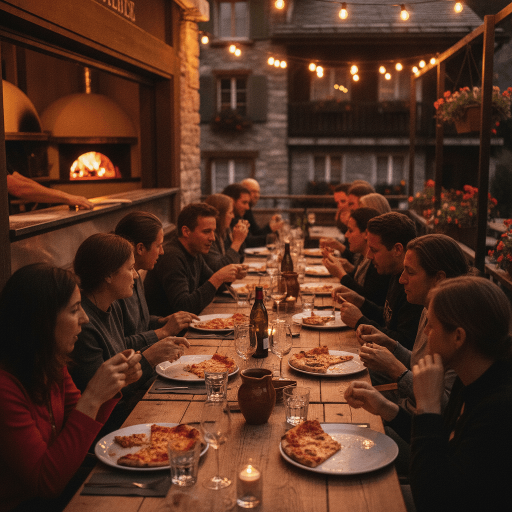 Volle Terrasse der Pizzeria Schönthal am Abend mit Gästen an den Tischen