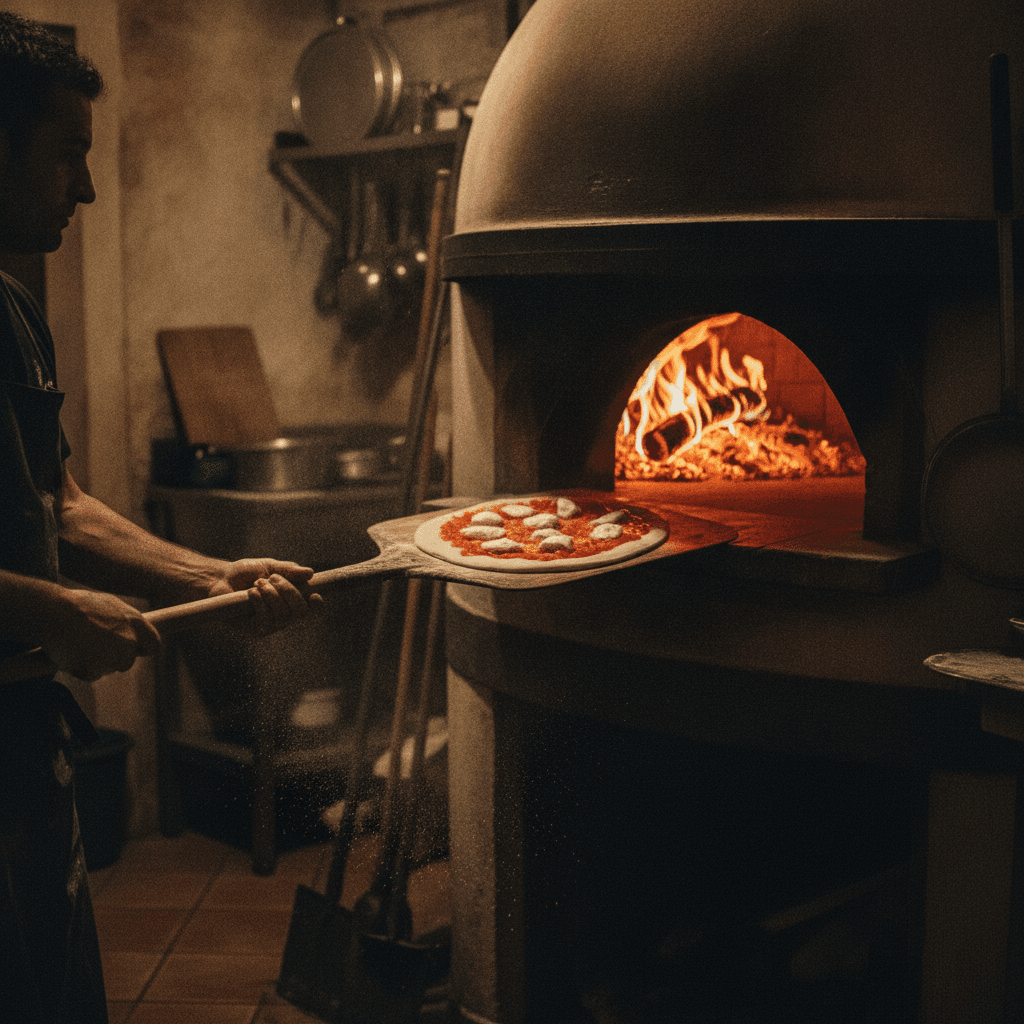 Pizzaiolo schiebt eine frische Pizza in den brennenden Holzofen