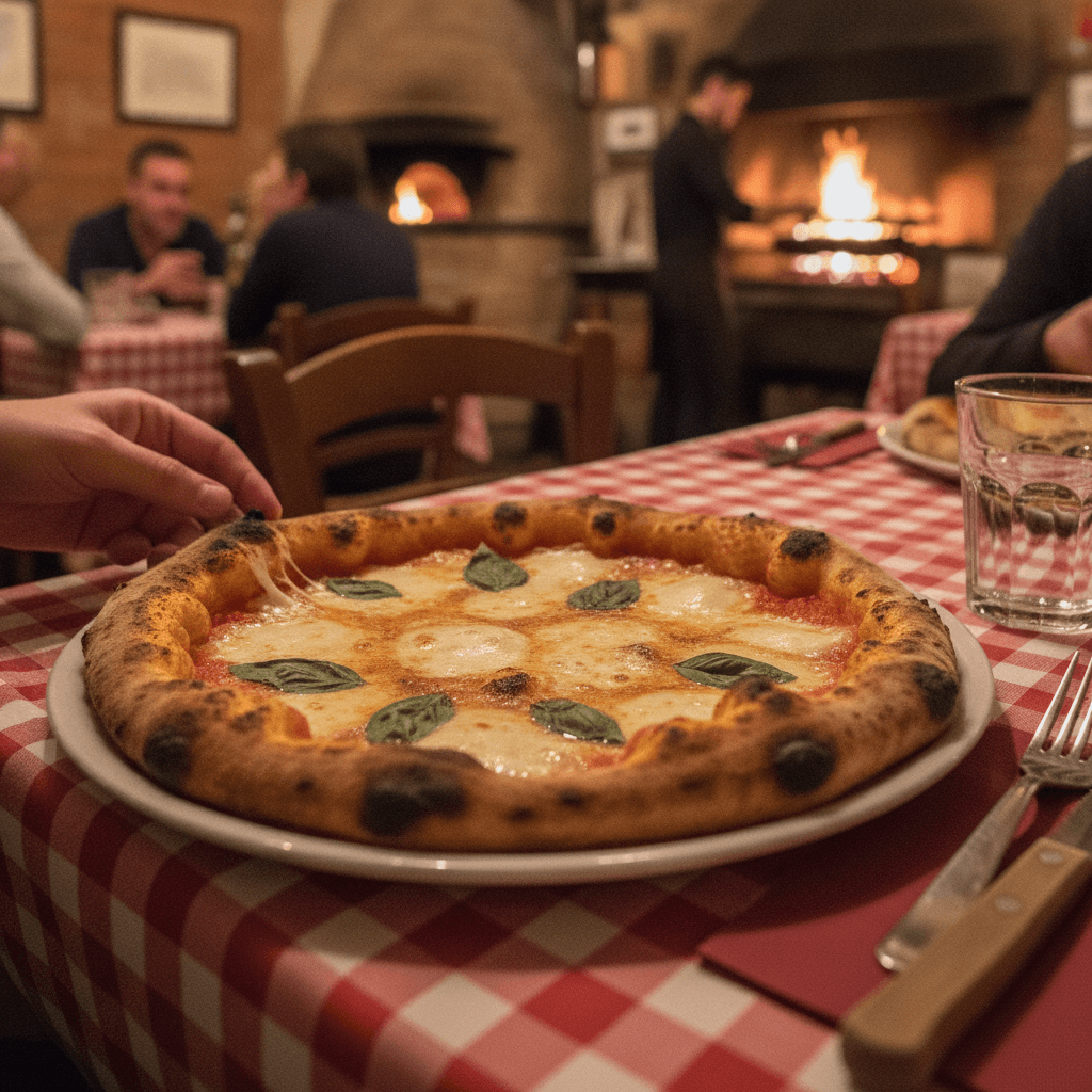 Frisch gebackene Pizza mit knusprigem Rand auf dem Tisch, eine Hand greift nach einem Stück