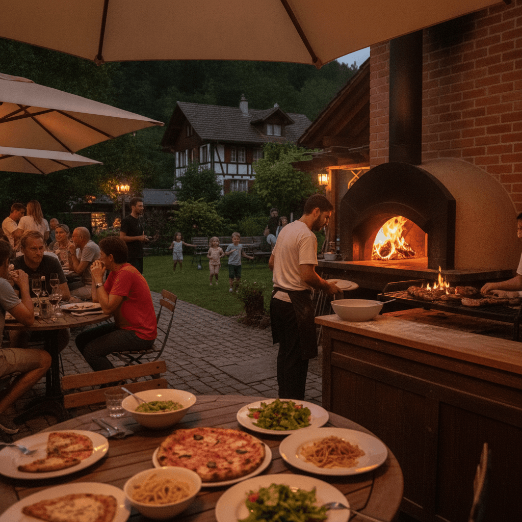 Gartensitzplätze der Pizzeria Schönthal mit Gästen unter den Sonnenschirmen, daneben Holzofen und Grill