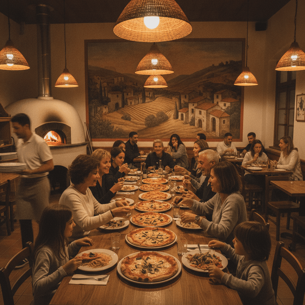 Gastraum der Pizzeria Schönthal am Abend mit Familien an einem langen Tisch