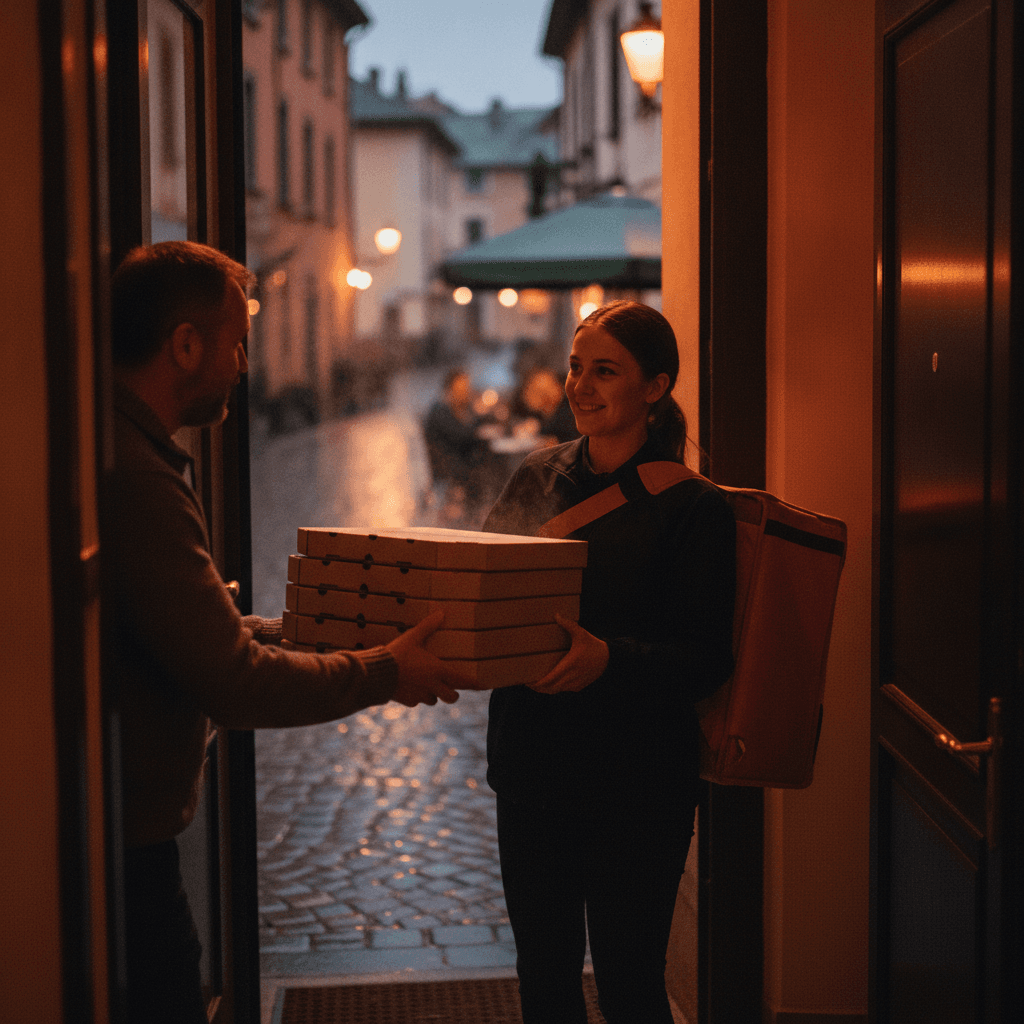 Kurier übergibt am Abend warme Pizzaschachteln an der Haustür